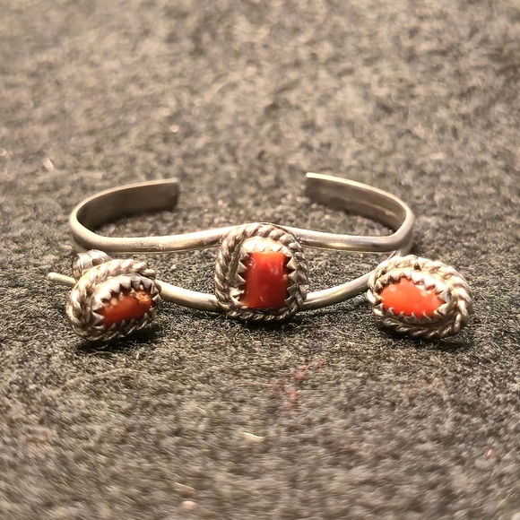 Baby's Sterling Silver and Coral Bracelet and Earring Set - Picture 1 of 7